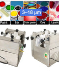 Heavy Duty 110V Triple Roll Mill Grinder With Zirconia Ceramic Rolls and Stainless Steel Tray for Paint and Coatings. Side angle view.