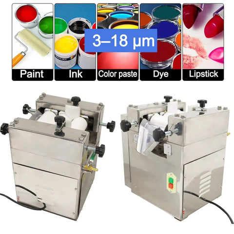Heavy Duty 110V Triple Roll Mill Grinder With Zirconia Ceramic Rolls and Stainless Steel Tray for Paint and Coatings. Side angle view.