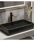 USZWBY Bathroom Vessel Sink Bathroom Vessel Sink Rectangular Ceramic Vanity Sink Above Counter Bathroom Sink for Cabinet, Lavatory, Hotel Art Basin with gold trim in modern bathroom setting.