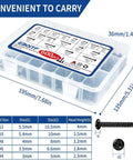600 Piece Stainless Steel Wood And Sheet Metal Screws Set With 18 Sizes Self Tapping Phillips Pan Head Coarse Thread For Wood And Metal Projects From Three Eighths Inch To One And One Half Inch Rust Resistant in a clear plastic organizer box showing dimensions and thread size chart.