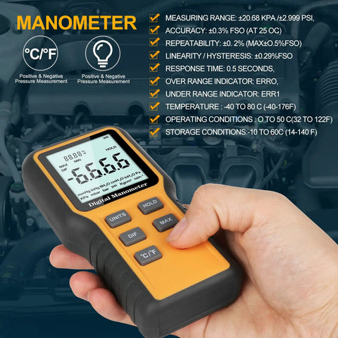 Digital Manometer For HVAC Dual Port Air Pressure Meter Handheld Gauge For Single Or Differential Pressure, Measures Air Pressure And Temperature, Pro Grade Troubleshooting Tool For Ductwork, Ventilation, And Lab Testing, handheld with LCD