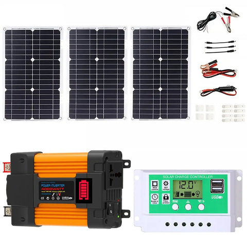 Road Trip Ready Solar Inverter Kit With 4000W Peak Output And Lightweight Portable Build For Off Grid Camping components including solar panels and controller.