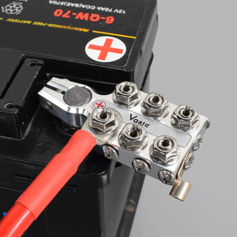 Beefy 16-Way Lead Acid Battery Post Terminal Ends With Distribution Block Bus Bar For 8 AWG Up To 4/0 XL Gauge Positive And Negative For SAE DIN EN Tapered Top Posts on battery
