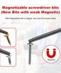 Magnetizable screwdriver bits in use demonstrating magnetic ability with diverse screws, ideal for better grip on fasteners.