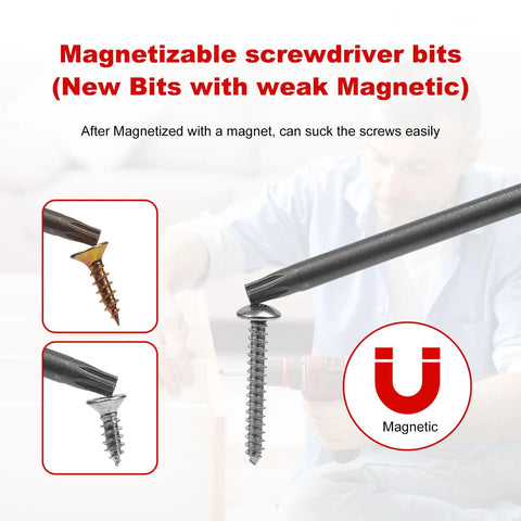 Magnetizable screwdriver bits in use demonstrating magnetic ability with diverse screws, ideal for better grip on fasteners.