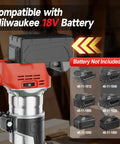 Cordless 800W Brushless Palm Router Kit showing Milwaukee 18V battery compatibility, bare tool with battery packs displayed.