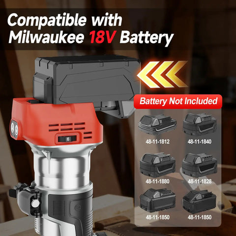 Cordless 800W Brushless Palm Router Kit showing Milwaukee 18V battery compatibility, bare tool with battery packs displayed.