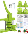 Ultimate Button Maker Machine Kit With Adjustable 2 Inch And 1.25 Inch Dies showcasing green press tool and accessories.