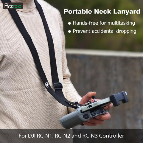 Hands Free Lanyard Neck Strap For DJI Mini 4K drone controller held by person, showcasing secure and portable carry option.