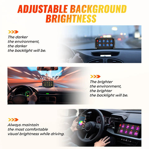 8 Gang Bluetooth Switch Panel With App Control, Wireless RGB Lighting demonstrating adjustable background brightness for vehicles.