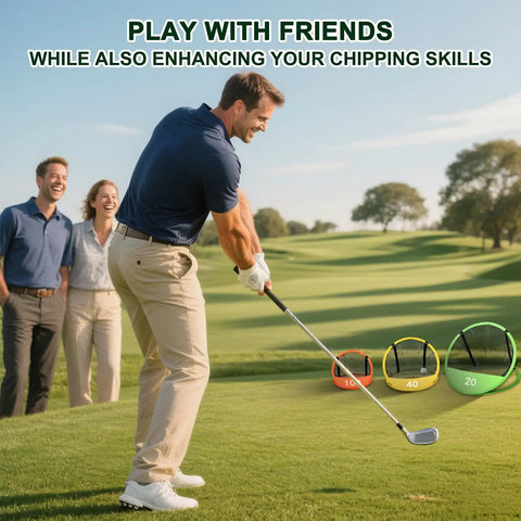 Man playing golf with 3-In-1 Golf Chipping Net Set With Pop-Up Practice Nets And Three Target Panels for training on course