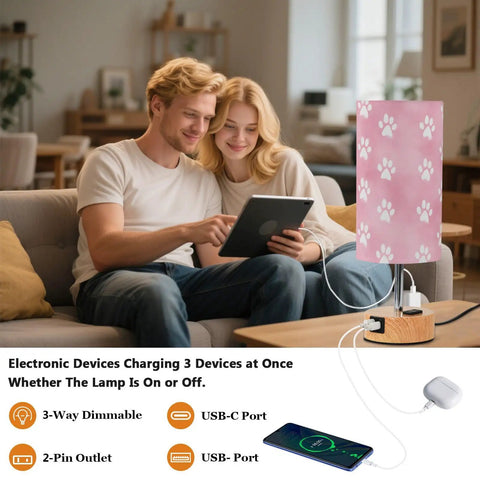 Dope Dog Paw Print Watercolor Bedside Lamp With 3 Way Dimmable Touch Control And Built In Charging Station on a table