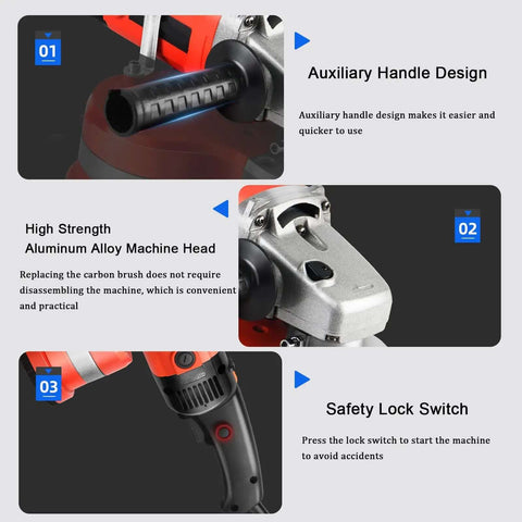 Concrete Grinder Set, Heavy-Duty Electric Angle Grinder for Floor Sanding showcasing an auxiliary handle and aluminum alloy head.