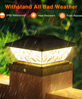 Solar Powered Post Cap Lights 6 Pack With Dual Mode Cool White And Warm White on fence post in rainy garden setting