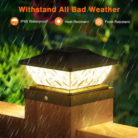 Solar Powered Post Cap Lights 6 Pack With Dual Mode Cool White And Warm White on fence post in rainy garden setting