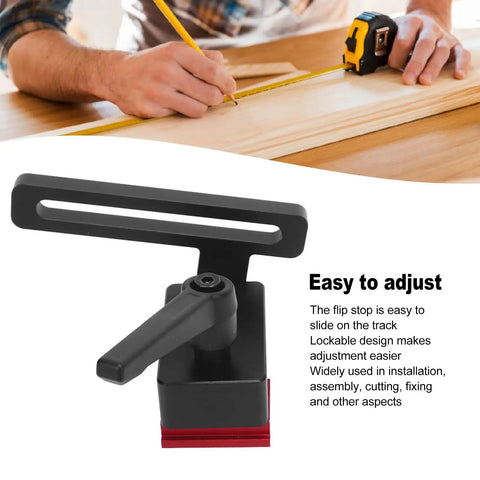 T Track Flip Stop For DIY Woodworking, Aluminum Adjustable Fence Stopper, showing adjustable feature and secure lock.