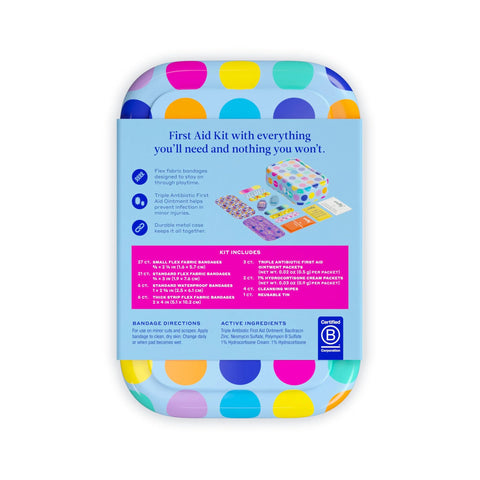 Welly First Aid Kit metal tin with colorful polka-dot lid, 70-count bandages and ointments