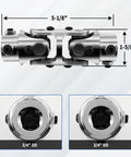 Three Quarters Inch Double Steering Universal U Joint Shaft Coupler DD To DD With 70 Degree Max Angle Five And One Eighth Inch Overall Length Chrome Finish Rugged Steel Construction Heavy Duty Drive Linkage, showing dimensions.