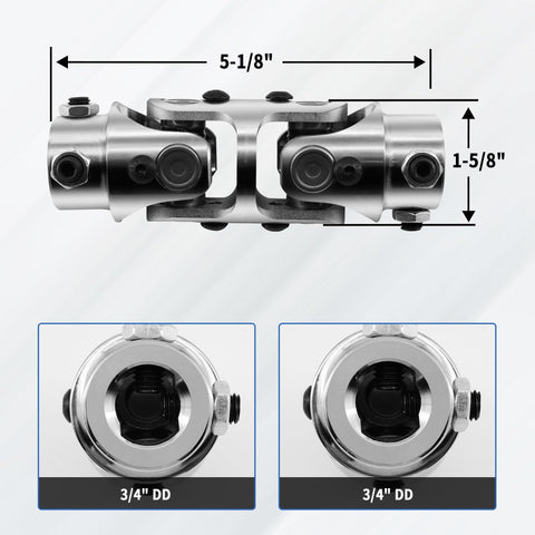 Three Quarters Inch Double Steering Universal U Joint Shaft Coupler DD To DD With 70 Degree Max Angle Five And One Eighth Inch Overall Length Chrome Finish Rugged Steel Construction Heavy Duty Drive Linkage, showing dimensions.