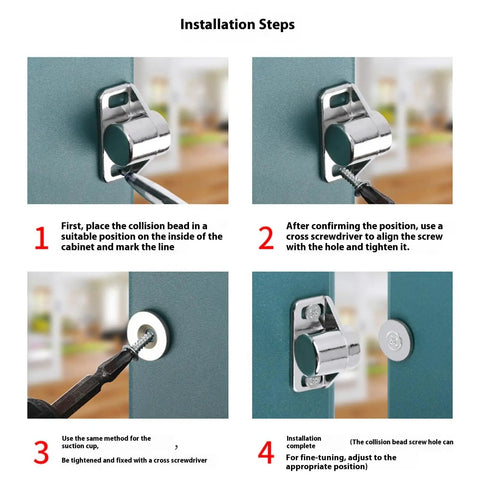 Installation steps for Heavy Duty 4 Pack Zinc Alloy Door Stoppers With Strong Magnets for cabinet catches.