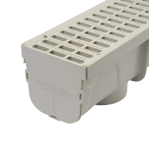 5.5 In Deep Profile Channel Drain Kit With HDPE Grates And End Caps For Driveways, Patios, Pool Decks And Courtyards, Trench And Channel Drainage System, 39.4 In Long, Gray, Includes End Caps close-up view of corner end cap.