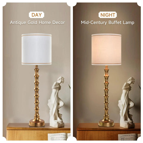 Gold Buffet Lamps Set Of 2 Tall Skinny Candlestick Style Lamps for living room, bamboo gold design in antique day and night setting
