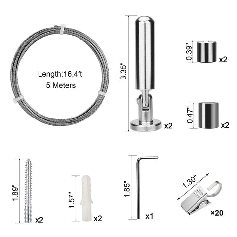 Stainless Steel Wall Mount Curtain Wire Rod Set With 20 Clips, Heavy Duty Picture Hanging Wire For Photos Notes Art components