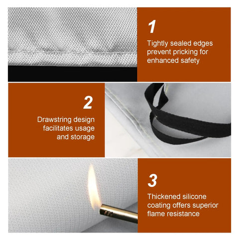 Heavy Duty Silicone Coated Fire Suppression Blanket For Electric And Gas Cars Nail Down Blazes Fast Ultra Quick Heat Block Garage Everyday Ride Safety Essentials with sealed edges and drawstring design.