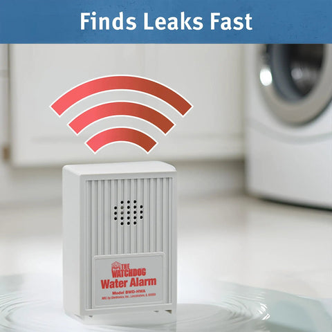 110 dB Water Alarm With Detachable Sensor for Hard To Reach Areas in laundry room, detects water, features sound wave icon