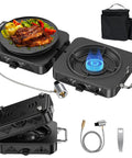 2 Burner Propane Camping Stove With 20,000 BTU Total Heat, Foldable Portable Camp Stove With Piezo Ignition, items shown
