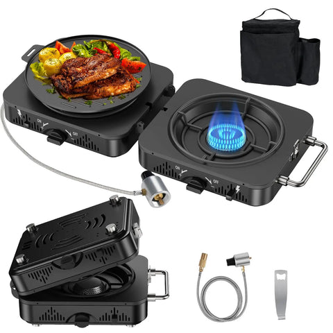 2 Burner Propane Camping Stove With 20,000 BTU Total Heat, Foldable Portable Camp Stove With Piezo Ignition, items shown