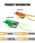 Five Piece Topwater Frog Lures Set For Freshwater Fishing Catch Bass And More Ray Frog Soft Baits in green and orange color, showing size and hook details.