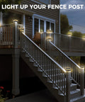 Two Pack Solar Post Cap Lights For Outdoor Fences Deck Waterproof Led Railing Caps With Adjustable Brightness on a railing at dusk.