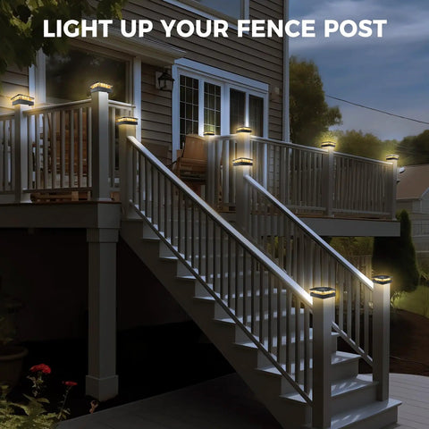 Two Pack Solar Post Cap Lights For Outdoor Fences Deck Waterproof Led Railing Caps With Adjustable Brightness on a railing at dusk.