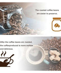 Image of roasted coffee beans in a glass jar beside a cup of coffee, highlighting Electric Coffee Bean Roaster Machine Featuring Adjustable Temperature Controls With Built Different Design Delivers Smooth And Even Heat For Home Roasters Wanting Top Shelf Results Daily.