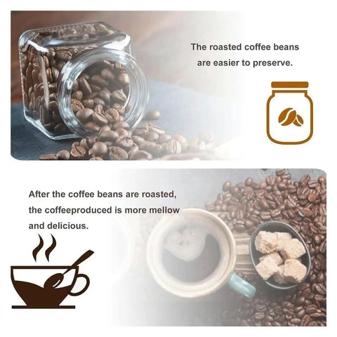 Image of roasted coffee beans in a glass jar beside a cup of coffee, highlighting Electric Coffee Bean Roaster Machine Featuring Adjustable Temperature Controls With Built Different Design Delivers Smooth And Even Heat For Home Roasters Wanting Top Shelf Results Daily.
