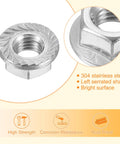 Rock Solid Left Hand Reverse Nuts M8x1.25mm 304 Stainless Steel Serrated Flange showing bright surface and serrated design.