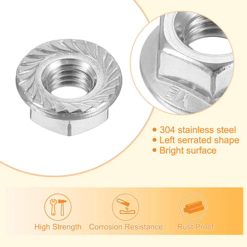Rock Solid Left Hand Reverse Nuts M8x1.25mm 304 Stainless Steel Serrated Flange showing bright surface and serrated design.
