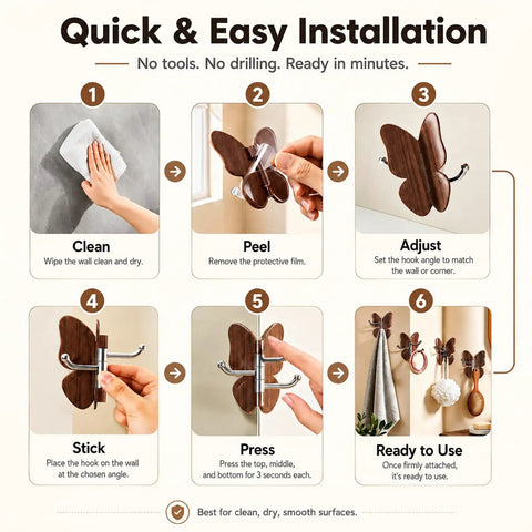 2 Pack Rotating Adhesive Wall Hooks With Rugged Wood Grain Finish Flexible Swivel Sticky Design That Holds Its Ground Tough No Drill Stuff For Effortless Space Hacks And Smart Storage installation steps with hand actions and wall hooks.