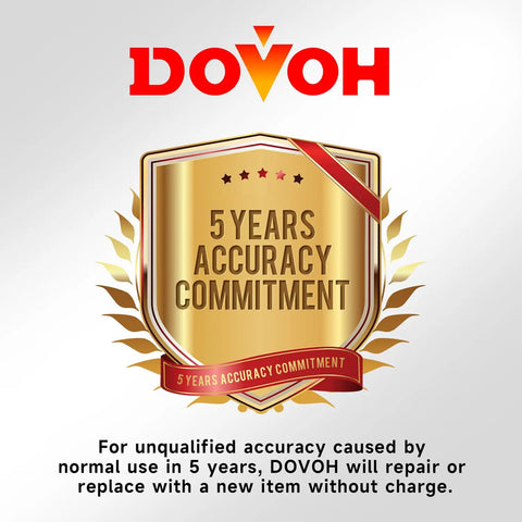 Dovoh logo with 5 years accuracy commitment badge and warranty information