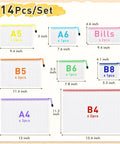 14 Pack Mesh Zipper Pouches Set in 8 Sizes Clear Water Resistant Zip Bags layout with dimensions and colors shown.