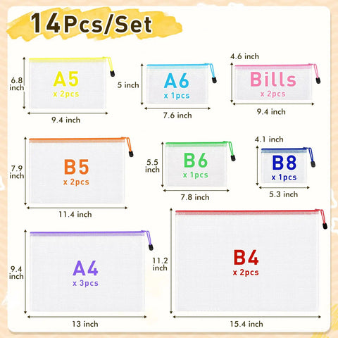 14 Pack Mesh Zipper Pouches Set in 8 Sizes Clear Water Resistant Zip Bags layout with dimensions and colors shown.