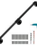 Heavy Duty 7 Ft Metal Industrial Pipe Stair Handrail in Glossy Black Finish with mounting hardware and tools