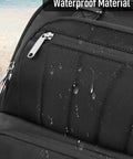 Close-up of waterproof material on black underseat carry on luggage with wheels for travel, 16 inch softside rolling suitcase.