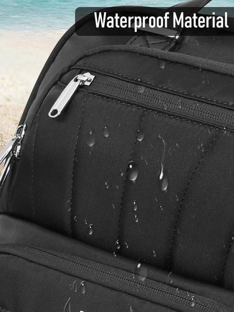 Close-up of waterproof material on black underseat carry on luggage with wheels for travel, 16 inch softside rolling suitcase.