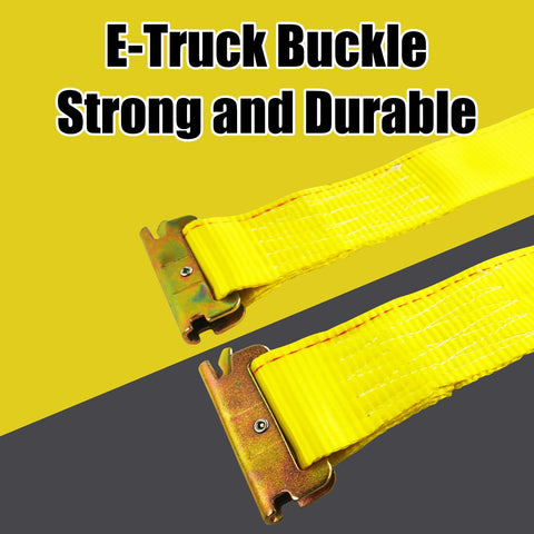 Close-up of yellow E-Track buckle on 4 Pack 2 Inch Wide 20 Foot E Track Ratchet Straps Heavy Duty Cargo Tie Downs