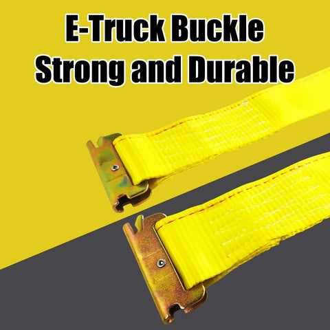 Close-up of E-Track buckle and heavy duty yellow strap from Badass Heavy Duty 8 Pack E Track Ratchet Straps 2 Inch By 20 Foot Cargo Tie Downs.