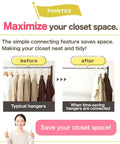 Comparison of typical hangers vs One Touch Quick Release Hangers With Collapsible Neckline Protection, Space Saving Cascading Closet Organizer in use.
