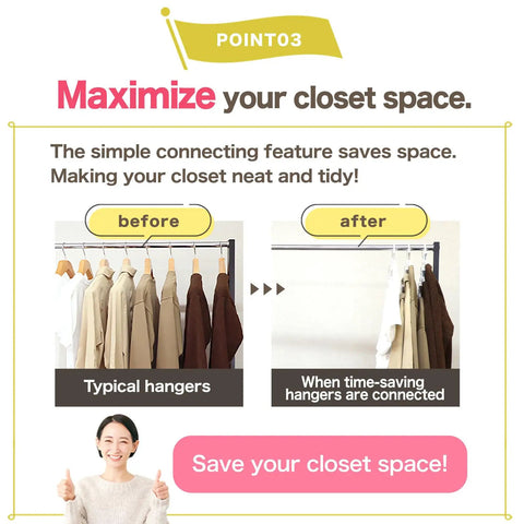 Comparison of typical hangers vs One Touch Quick Release Hangers With Collapsible Neckline Protection, Space Saving Cascading Closet Organizer in use.
