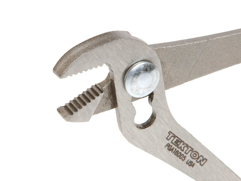 Five Inch Angle Nose Slip Joint Pliers With Half Inch Jaw showcasing angled jaw close-up with nut and bolt tension tuner, durable USA-made